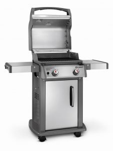 two burner gas grill with lid up