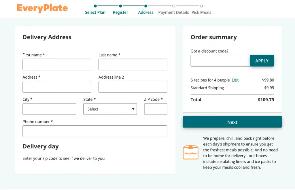 everyplate checkout page