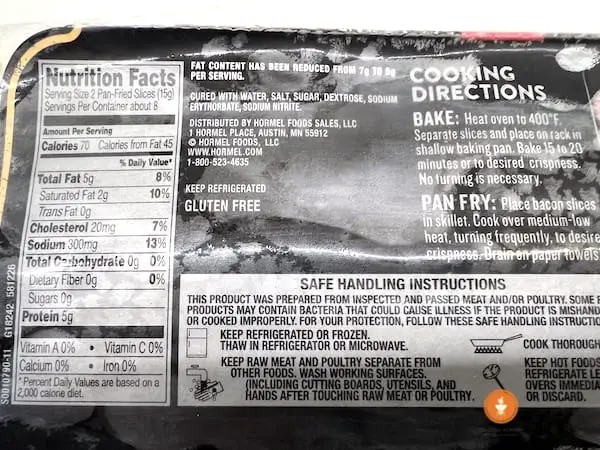 bacon package showing nutrition facts